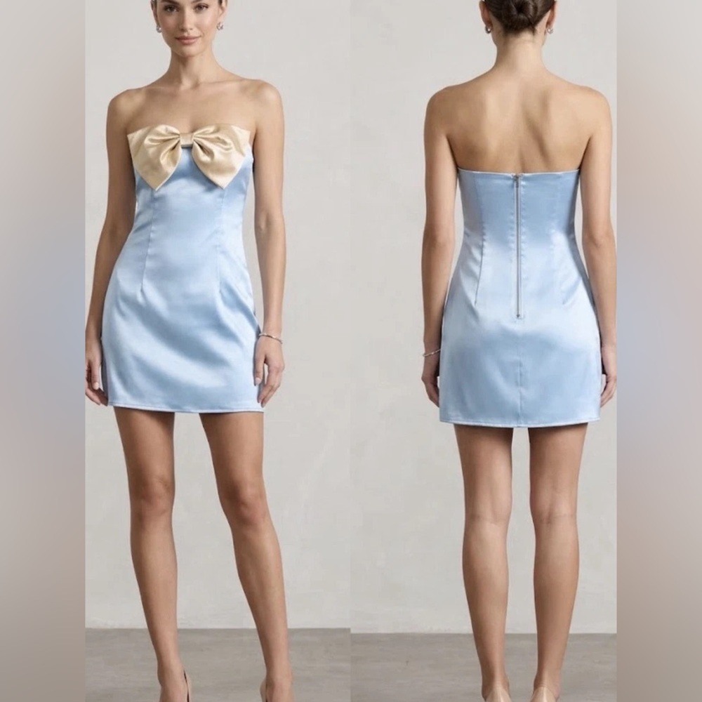 Princess Polly Strapless Satin Dress in Pale Blue with Cream Bow NWOT